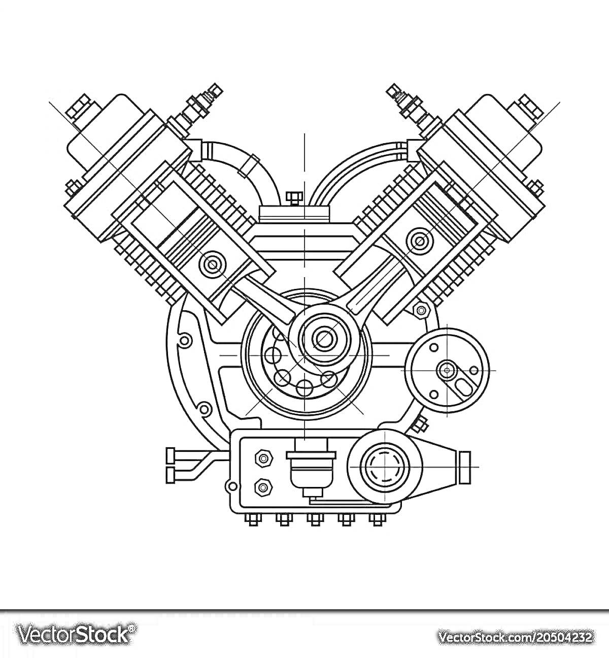 Схематическое изображение двигателя V-образной формы с видимыми поршнями, цилиндрами, коленчатым валом и другими элементами конструкции