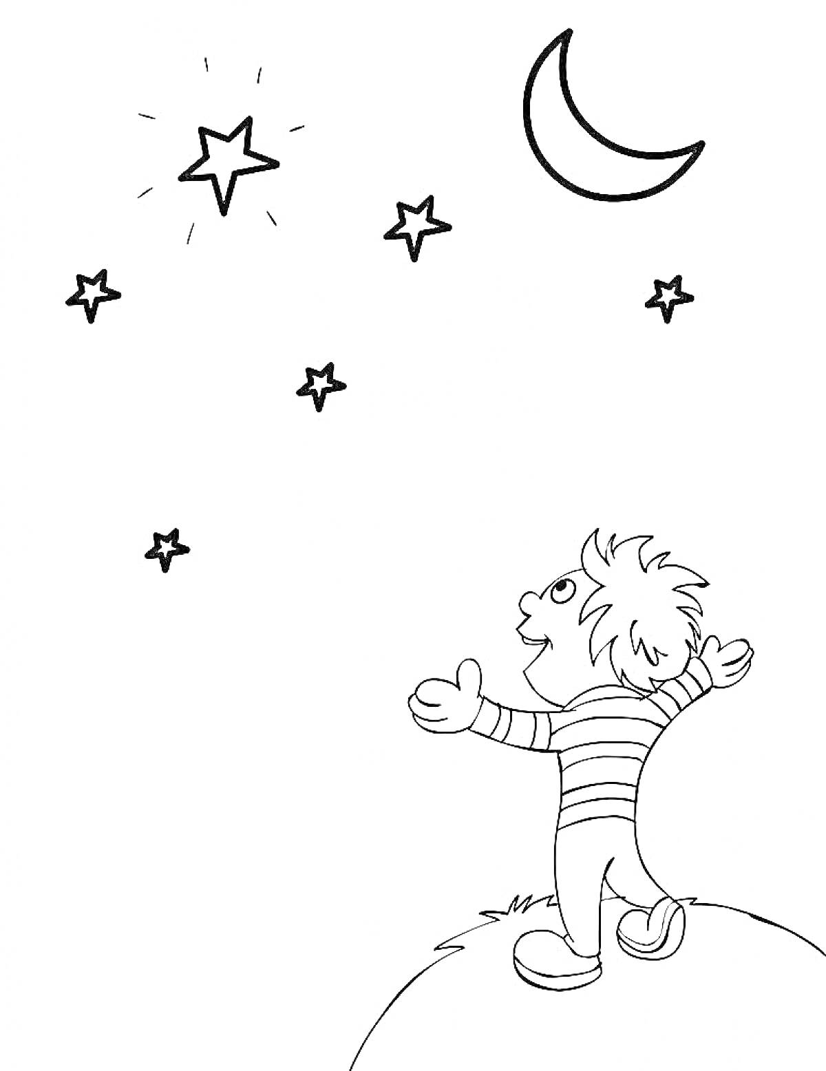 На раскраске изображено: Мальчик, Звезды, Ночь, Небо, Луна, Природа, Астрономия, Для детей, Холмы
