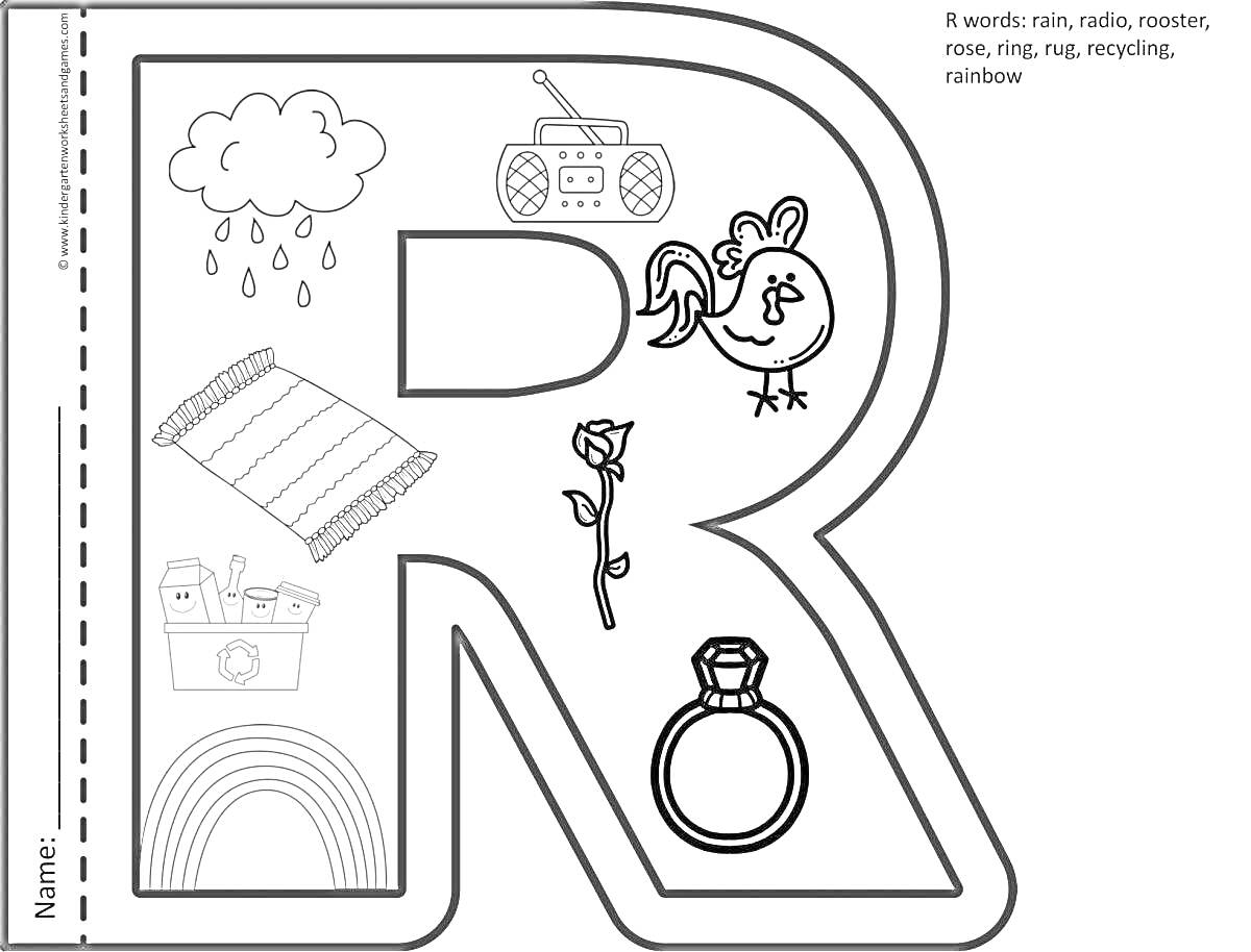 Раскраска Буква R с изображениями дождя, радио, петуха, ковра, розы, кольца, радуги.