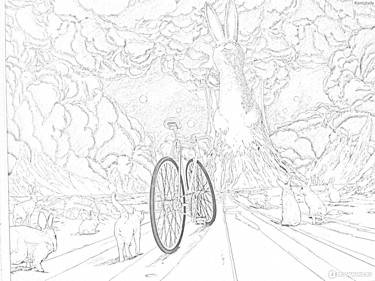 На раскраске изображено: Кролик, Велосипед, Облака, Горы, Природа, Животные, Фантазия