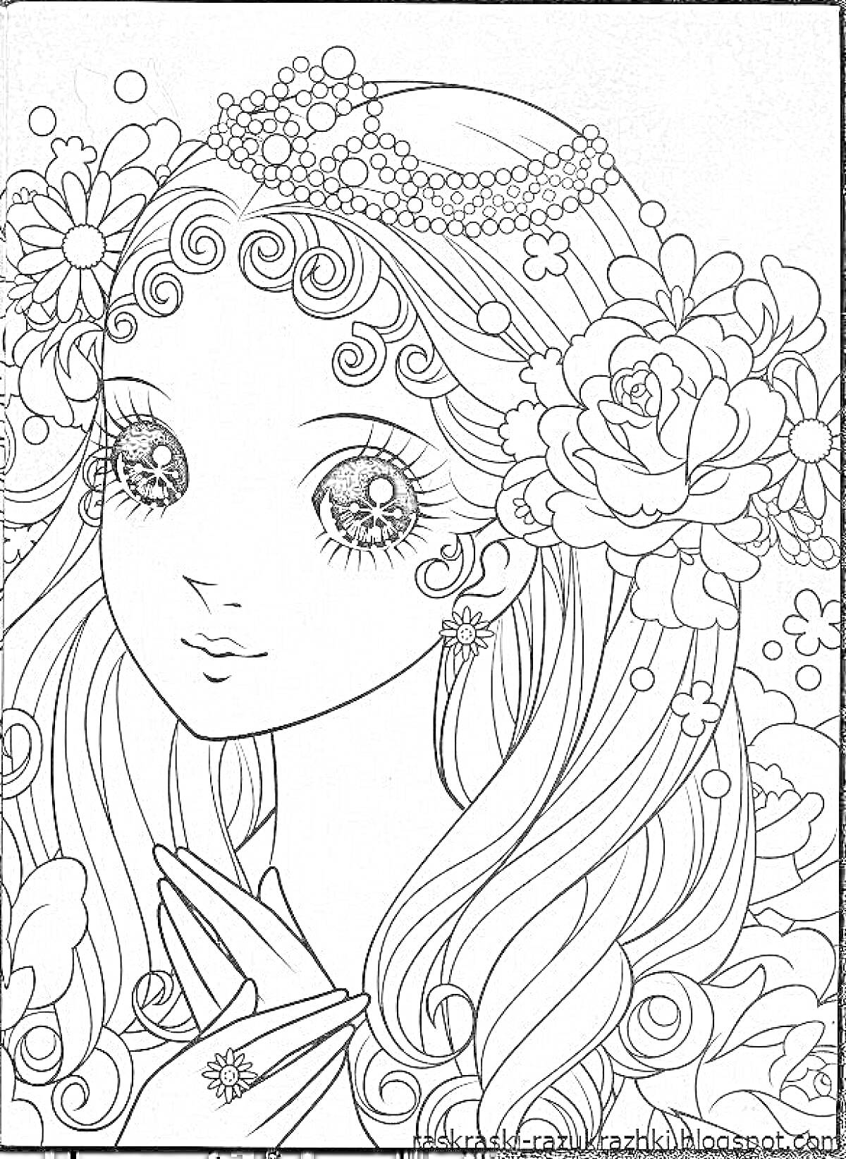 Раскраска Девушка с цветами в волосах и диадемой