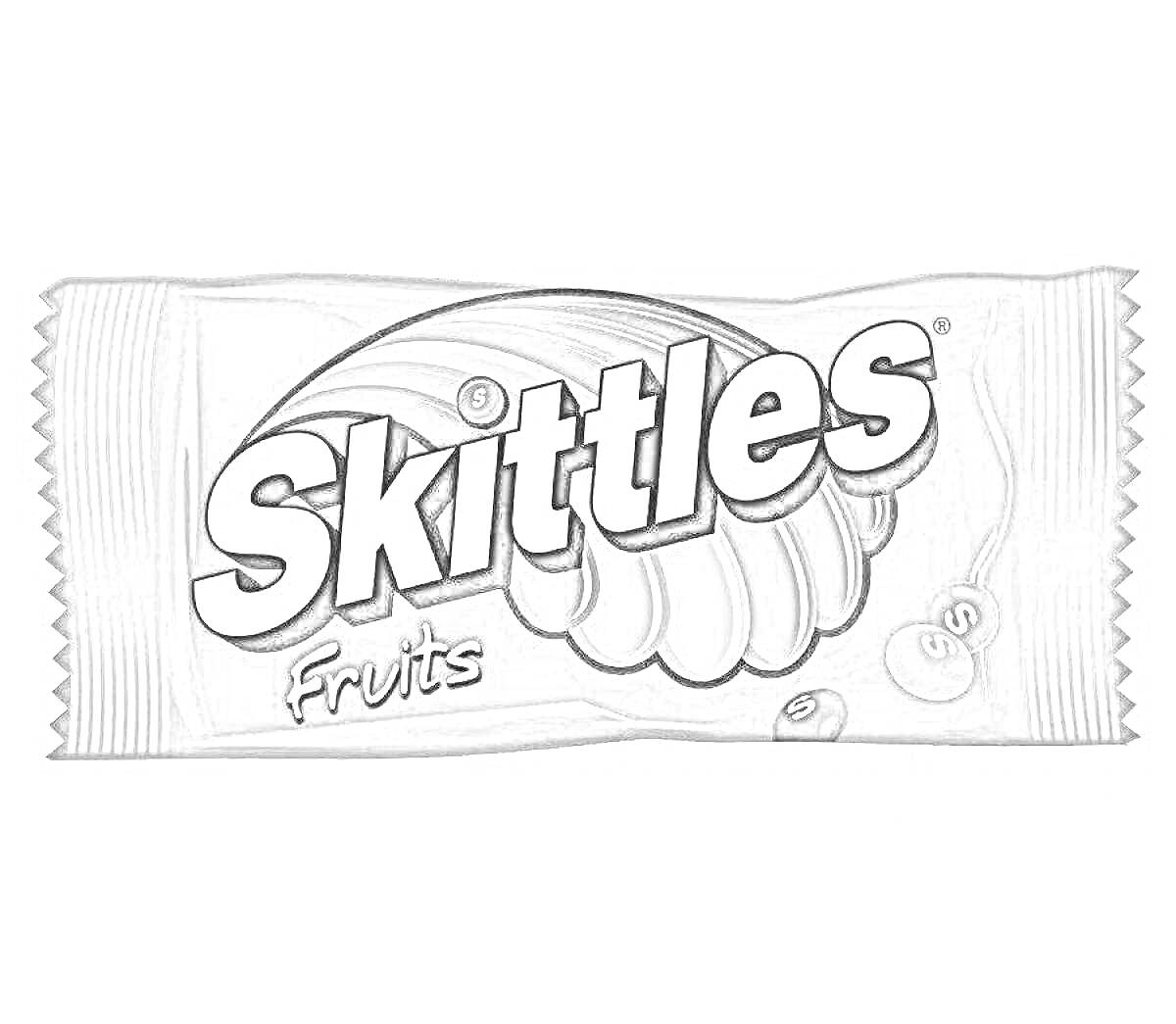 Раскраска Упаковка Skittles Fruits с радугой и разноцветными конфетами