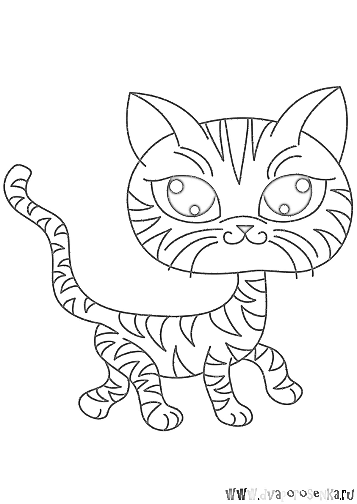 На раскраске изображено: Кот, Полосатый кот, Котэ, Большие глаза, Длинный хвост