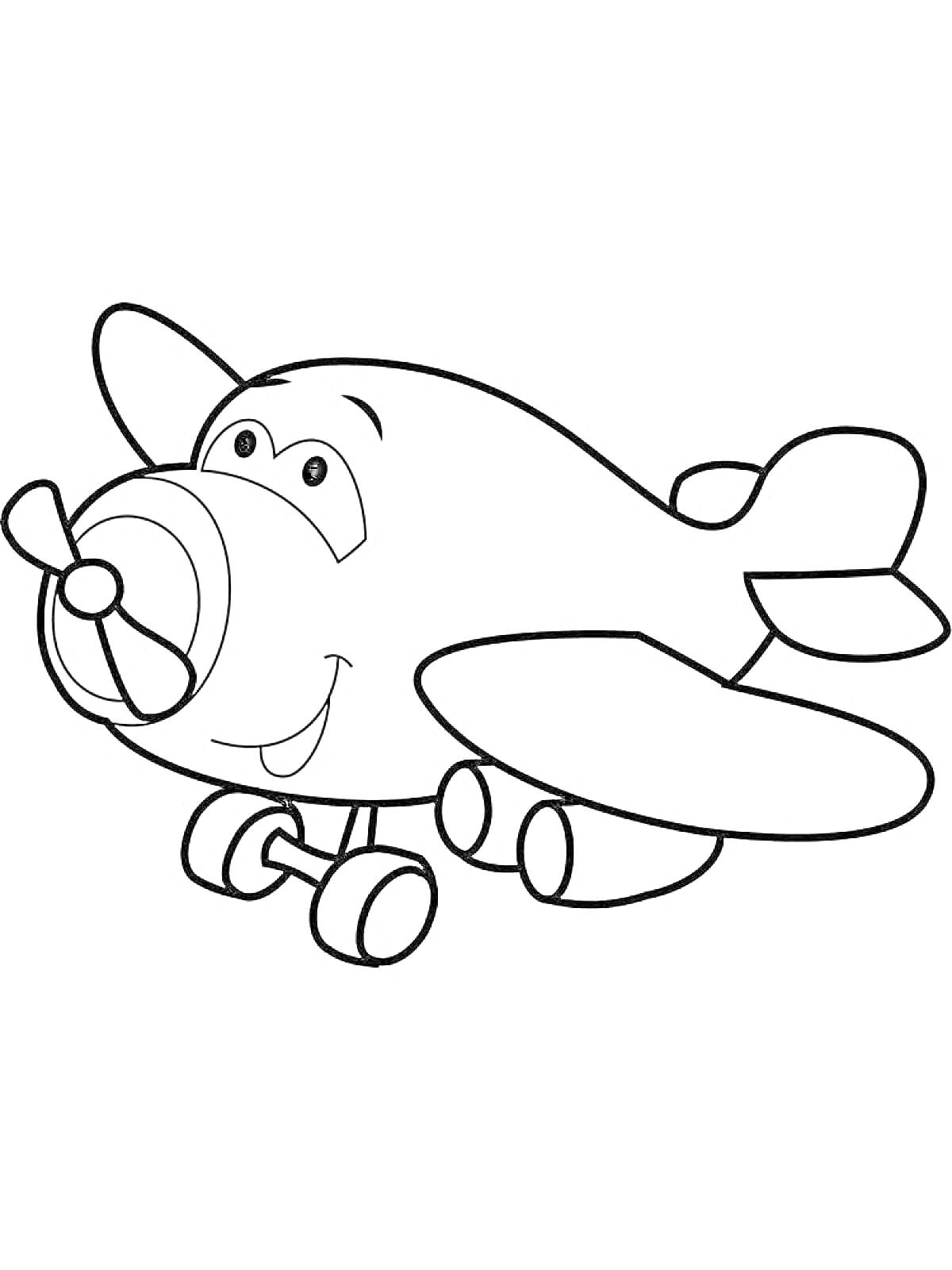 Раскраска Самолет с улыбающейся мордочкой, крыльями и шасси