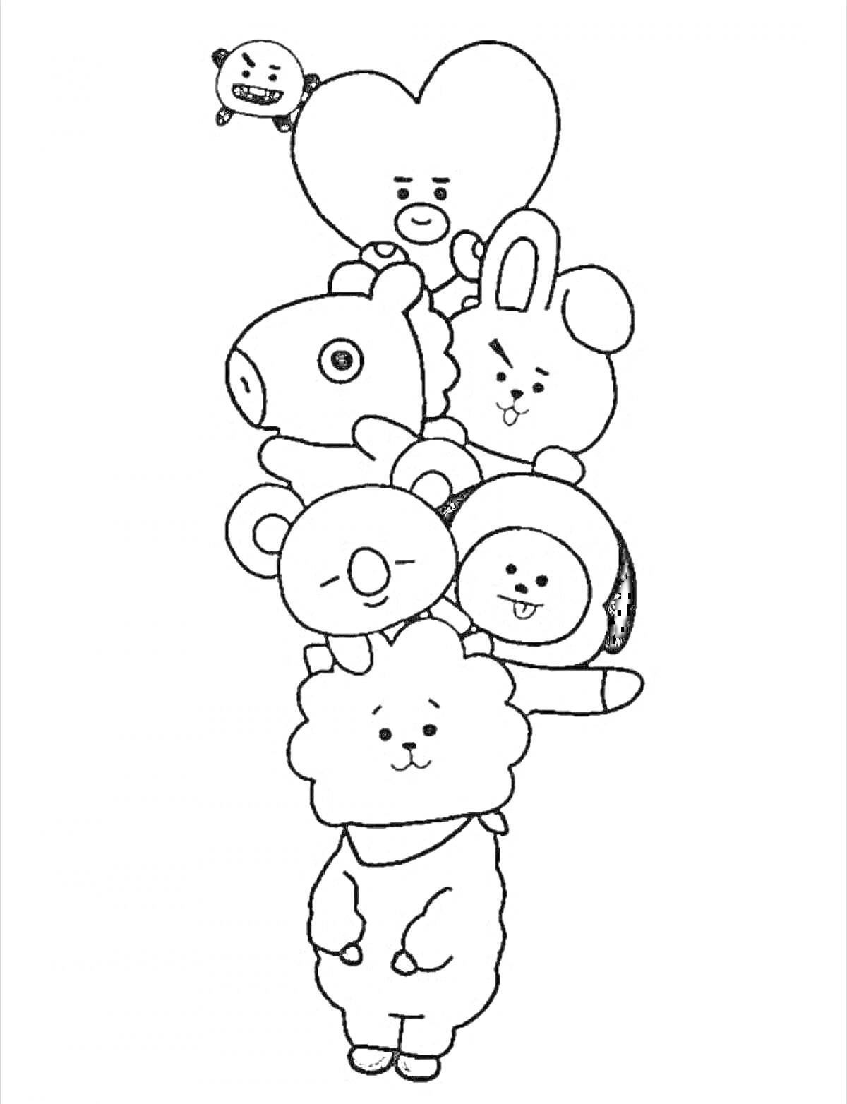 Раскраска стопка игрушек BT21 (Shooky, Tata, Mang, Cooky, Chimmy, RJ, koya)