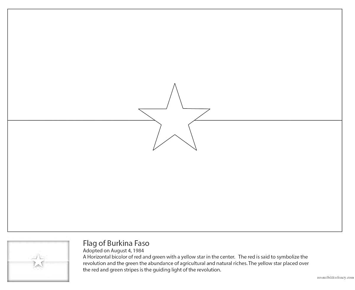 Раскраска флаг Буркина-Фасо с горизонтальными полосами и звездой в центре