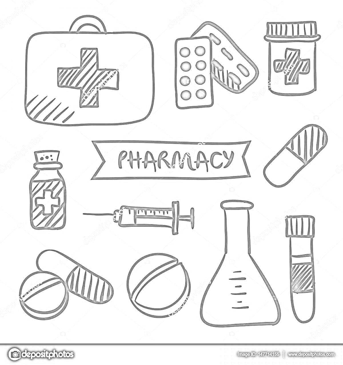 На раскраске изображено: Аптека, Таблетки, Шприц, Колба, Лекарства, Медицинская помощь, Бутылка, Блистер, Капсула