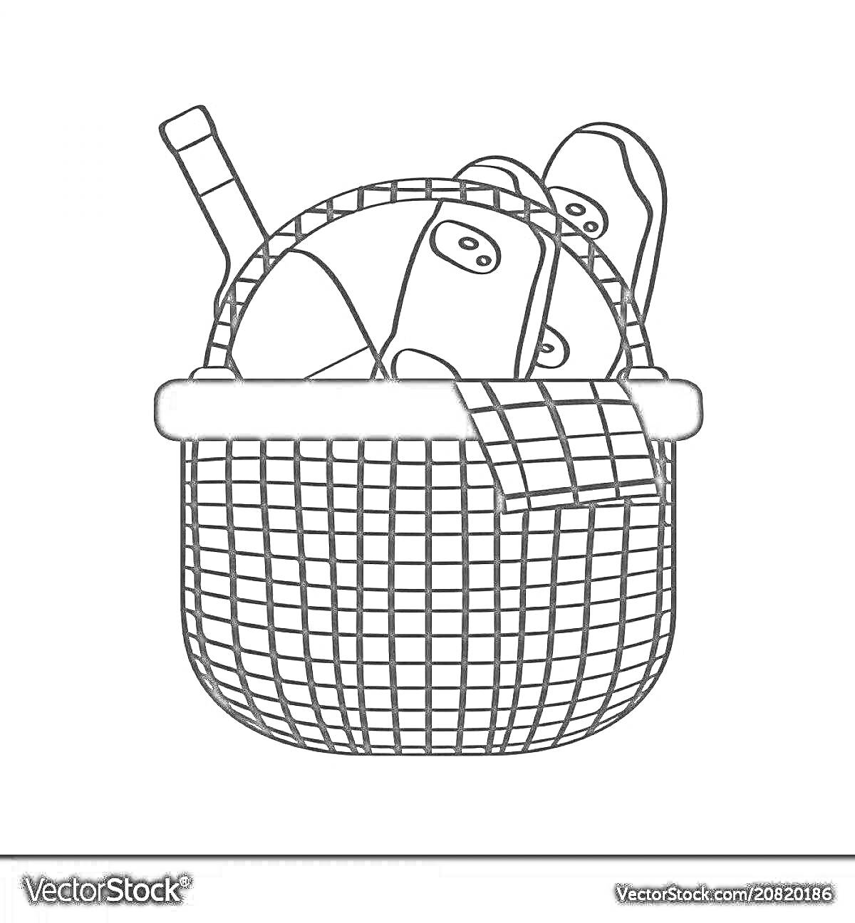 Раскраска корзина для пикника с бутылкой вина, батоном хлеба, двумя бутербродами и салфеткой