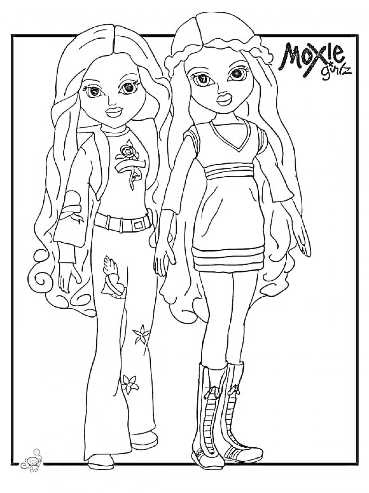 Раскраска Две девушки Мокси в стильной одежде и длинными волосами