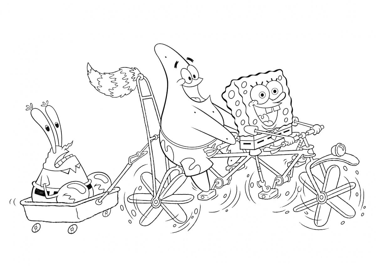 Раскраска Спанч Боб и Патрик катаются на велосипеде с прицепом, в котором сидит мистер Крабс