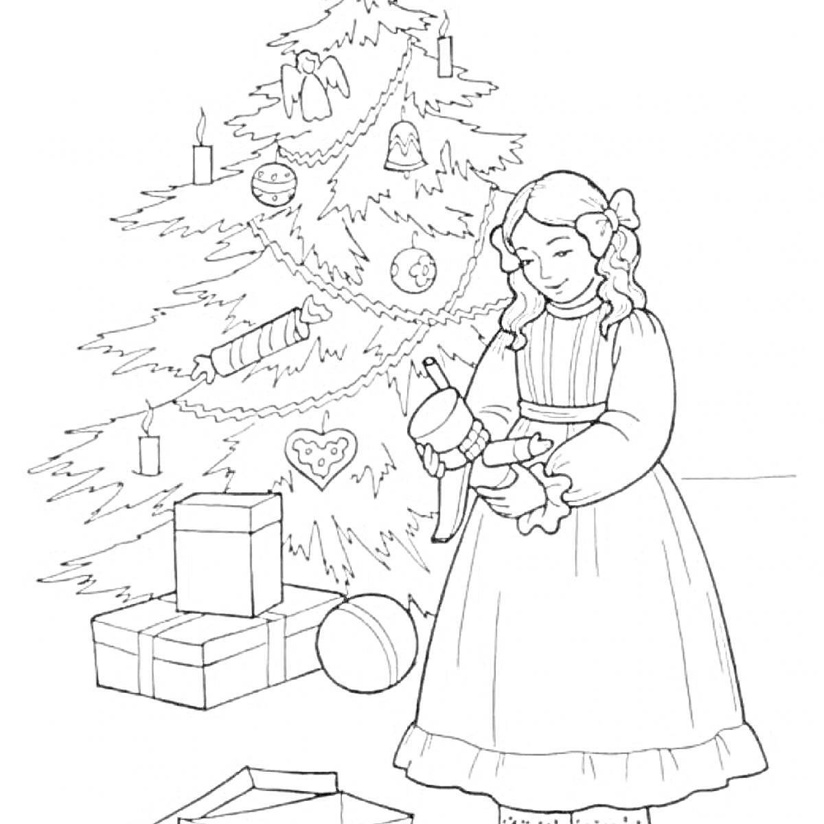 На раскраске изображено: Девочка, Щелкунчик, Свечи, Игрушки, Подарки, Коробка, Новый год
