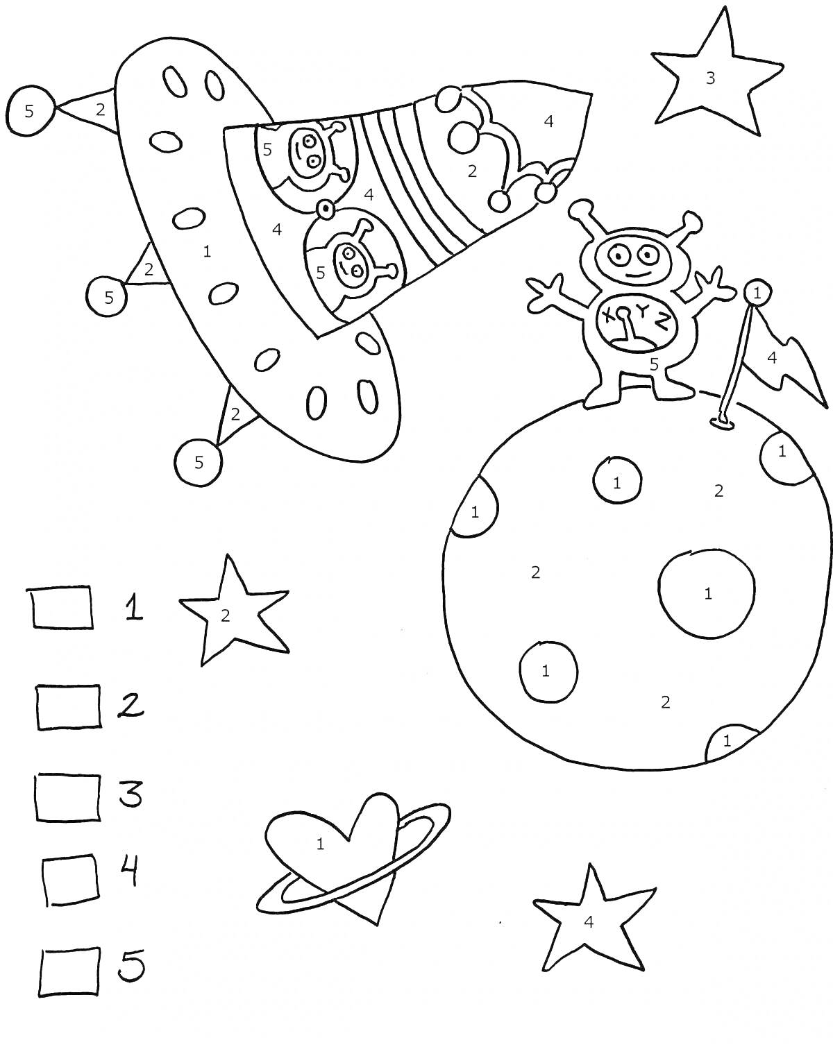 На раскраске изображено: По номерам, НЛО, Космический корабль, Звезды, Флаг, Космос