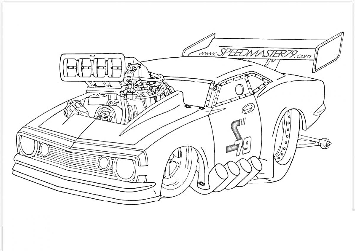 Раскраска Дрифт-машина с крупным двигателем и спойлером, номер 79 на двери