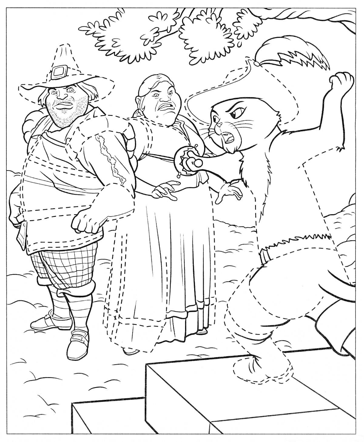 Раскраска Кот в сапогах, стоящий на ступеньках, с усатым мужчиной в шляпе и женщиной в платье на заднем плане.