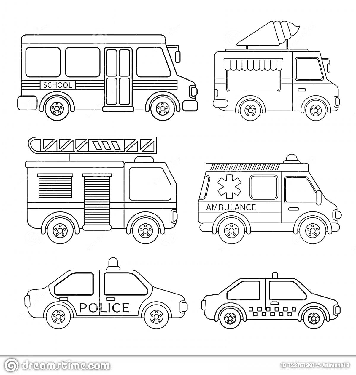 На раскраске изображено: Школьный автобус, Фургон с мороженым, Пожарная машина, Скорая помощь, Такси, Транспорт, Спецтранспорт