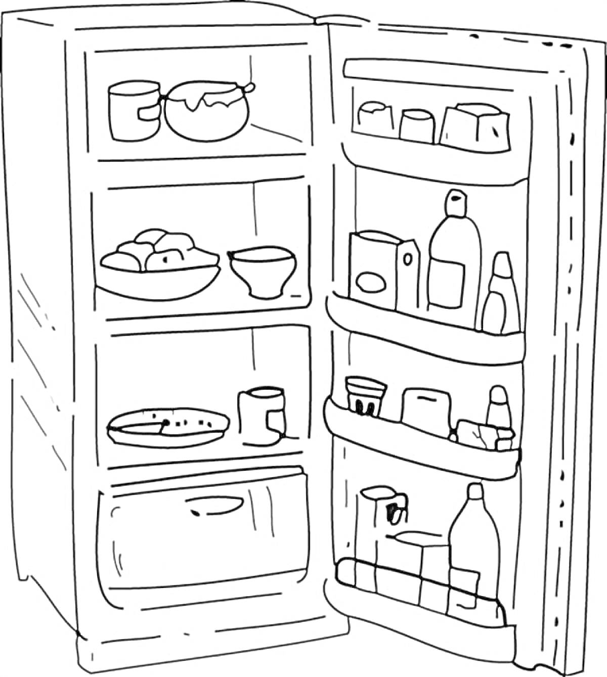 На раскраске изображено: Холодильник, Продукты, Хлеб, Миска, Кухня, Еда, Банка, Бутылка, Пакет, Кастрюли