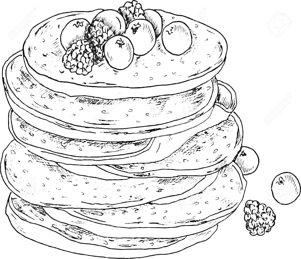 Раскраска стопка блинов с ягодами сверху и рядом