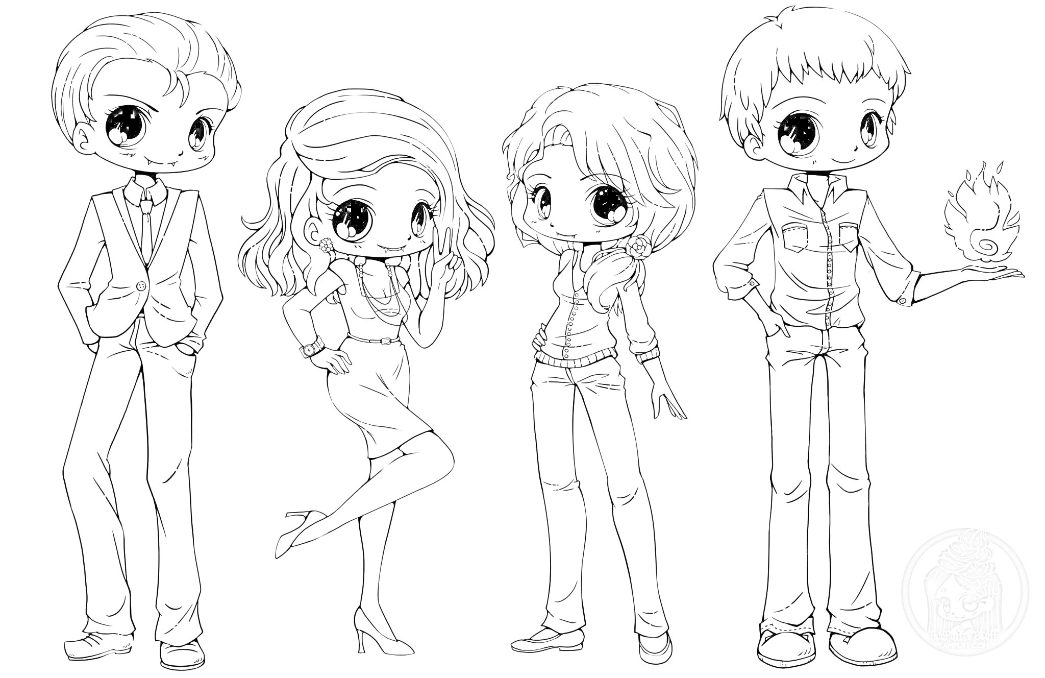 Раскраска Аниме мальчик и девочка в разной одежде: мальчик в костюме, девочка в платье, девочка в футболке и джинсах, мальчик с пламенем