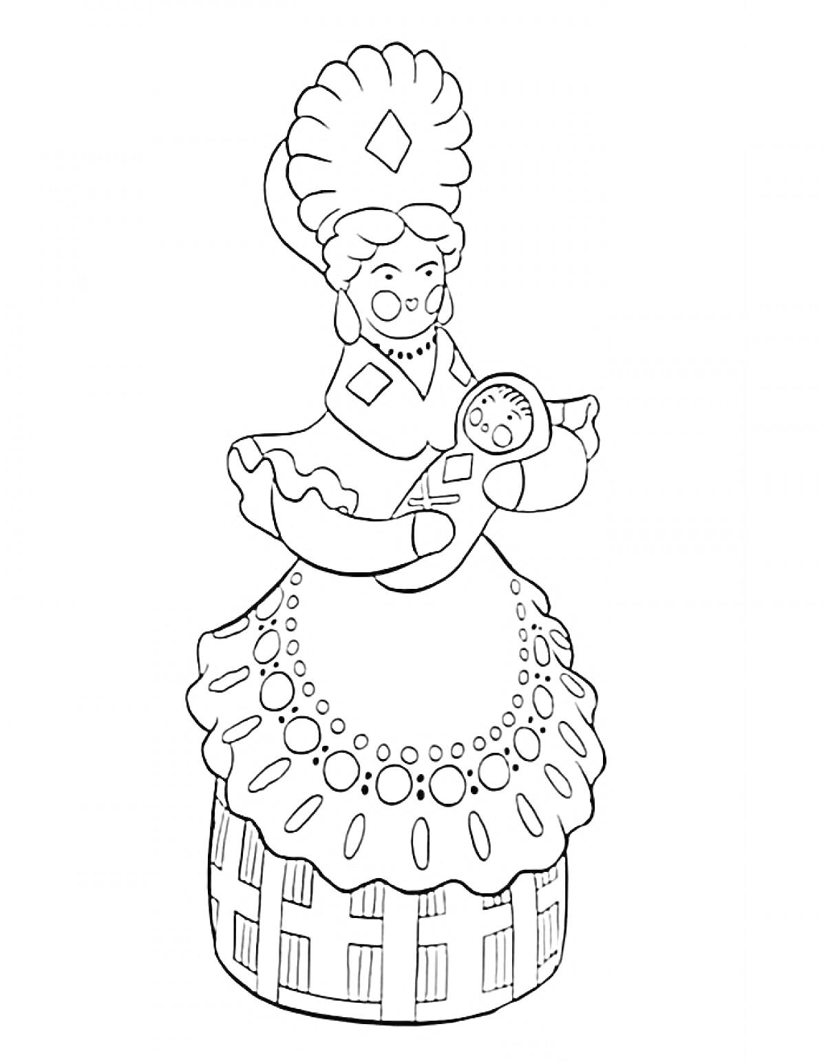 Дымковская барышня с младенцем в руках, в головном уборе и платье с узорами