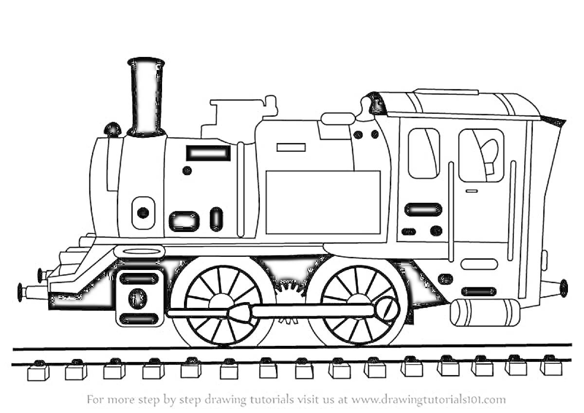 Раскраска Локомотив на железной дороге с дымоходом, шестернями и кабиной машиниста