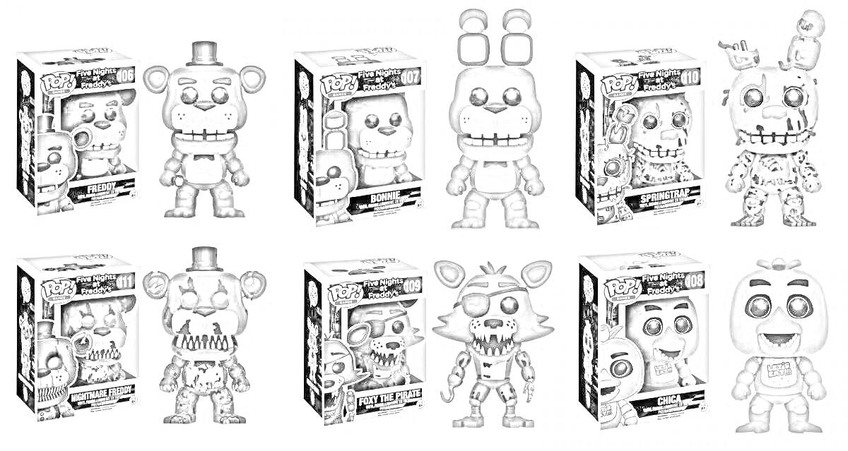 Раскраска Раскраска с четырьмя фанка поп аниматрониками перед своими коробками, включающими Фредди с цилиндром, Бонни с ушами, Фокси с крюком и аниматроника с клювом