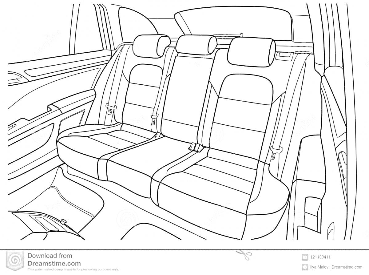 Раскраска Салон машины с задними сиденьями, подголовниками и дверьми