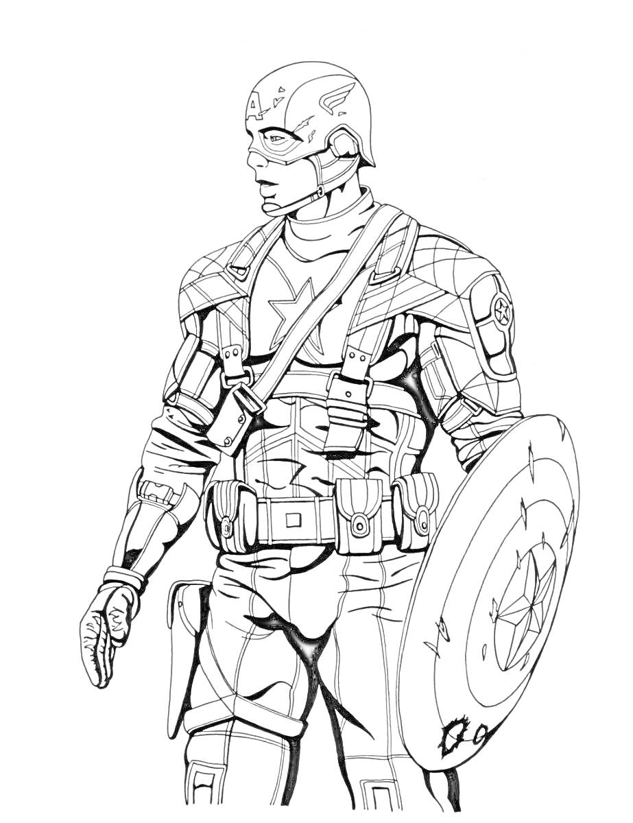 Раскраска Первый мститель в костюме с щитом, плакат героя комиксов