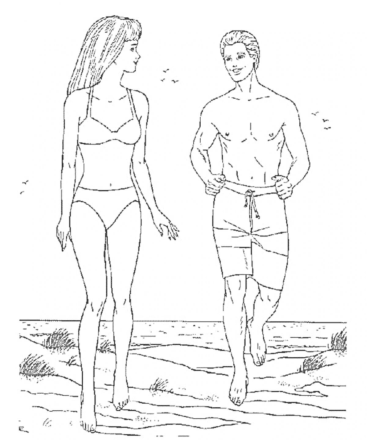 Молодая пара в купальниках на пляже с птицами и морем на заднем плане