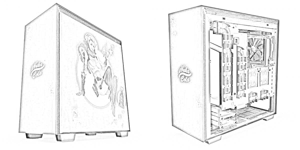 Раскраска Чёрный корпус ПК, один с изображением героев анимации на боковой панели, другой открыт без элементов внутри