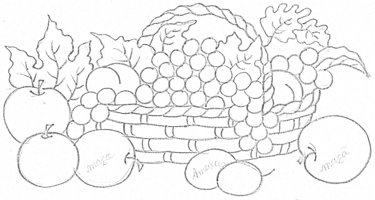 Раскраска Корзина с виноградом, яблоками и сливами на столе