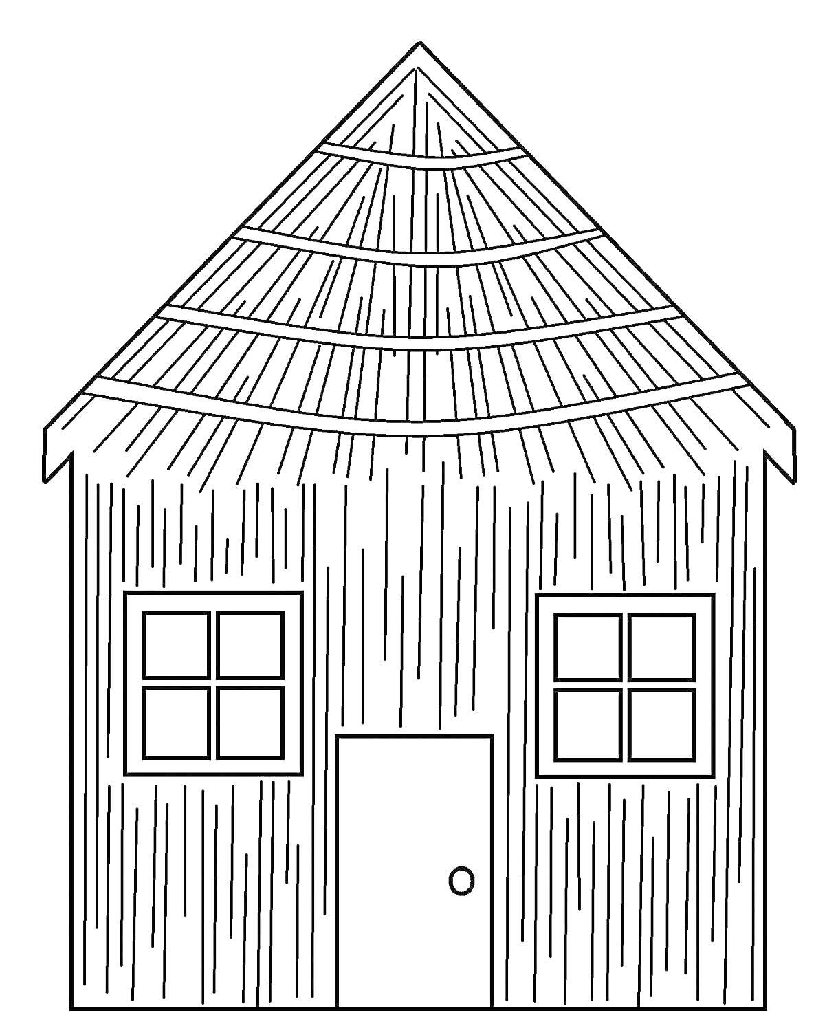 На раскраске изображено: Хижина, Дом, Деревянный дом, Дверь, Окна, Крыша, Для детей