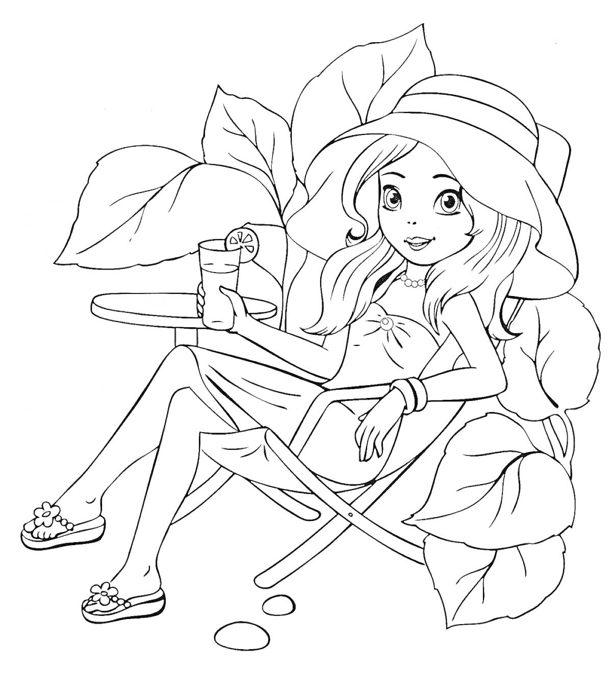 Девочка в саду на стуле с напитком, в шляпе и сарафане, цветы и листья на заднем плане