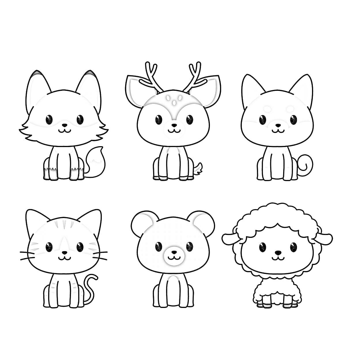 На раскраске изображено: Милые животные, Ягненок, Кот, Лиса, Медведь, Олень, Собака