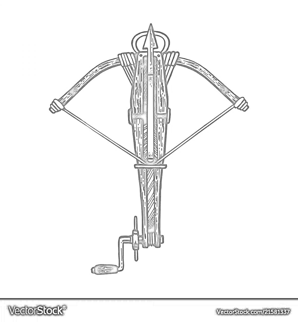 Раскраска Арбалет с деревянной конструкцией, натянутой тетивой и ручкой для натягивания