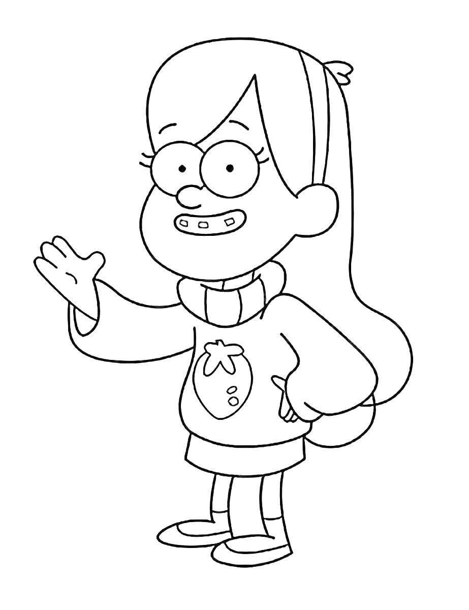 Раскраска Девочка в очках, с длинными волосами и свитером с клубничкой, улыбающаяся и машущая рукой