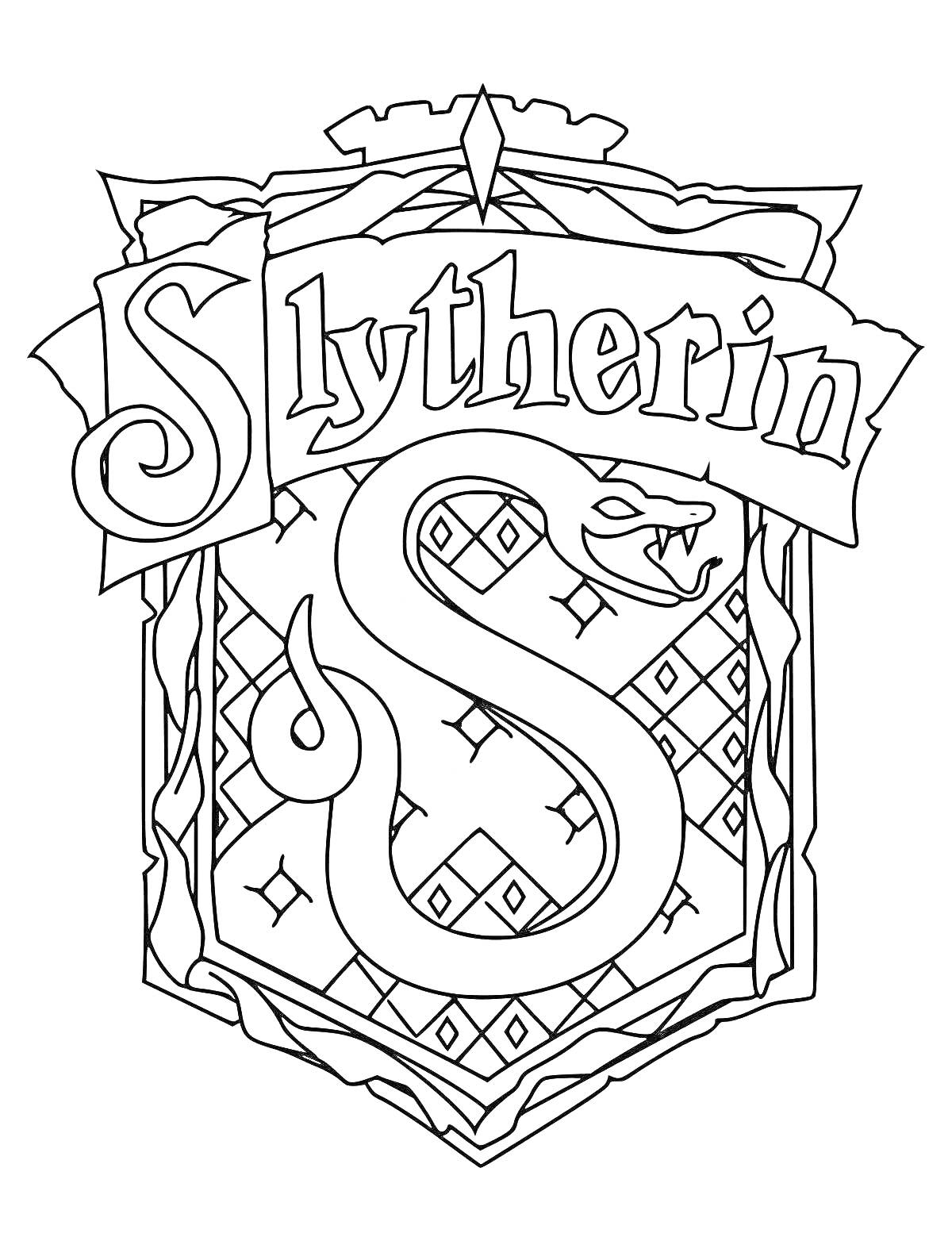 Раскраска Герб Слизерина с изображением змеи на щите и надписью Slytherin