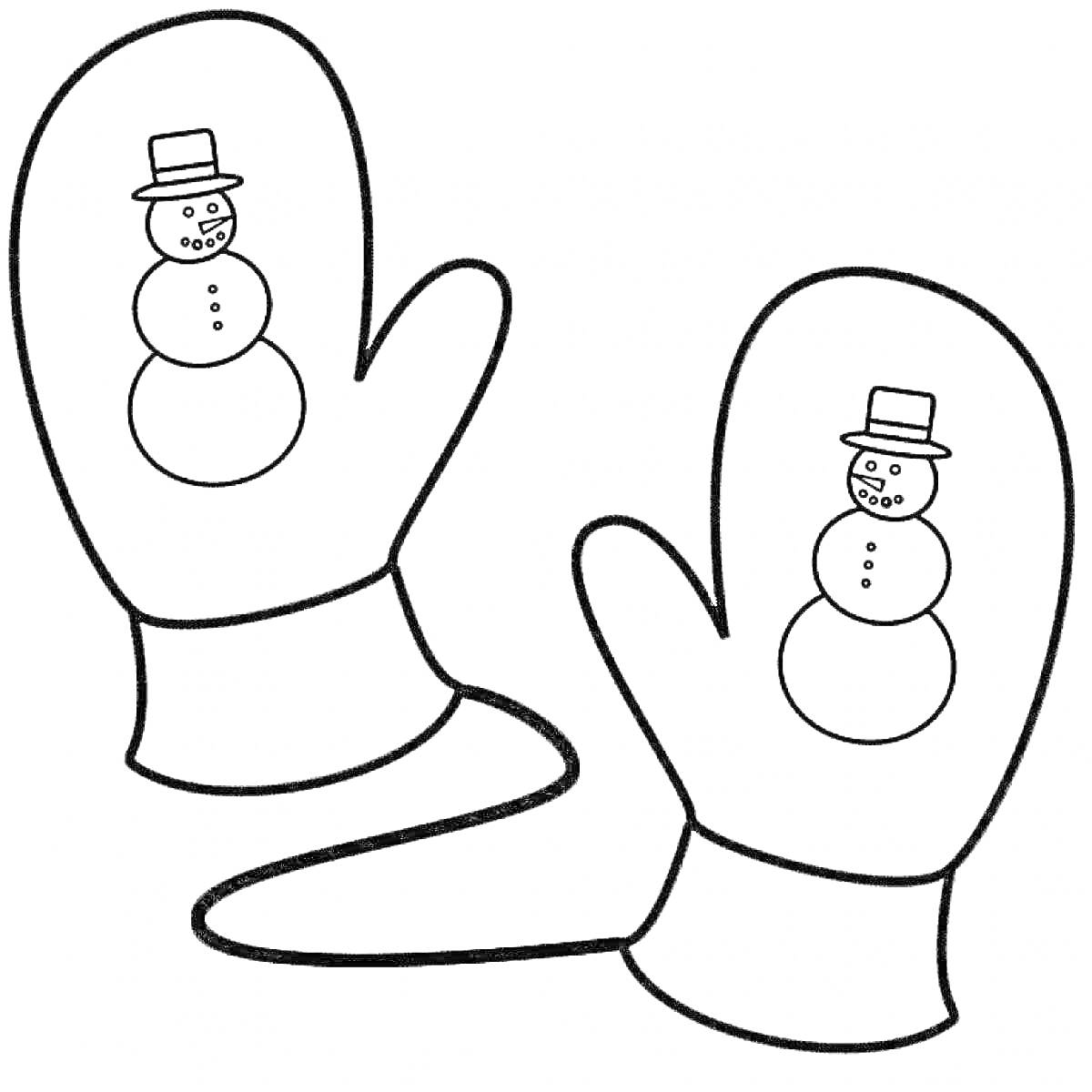 Раскраска Варежки с рисунком снеговика, связанные шнурком