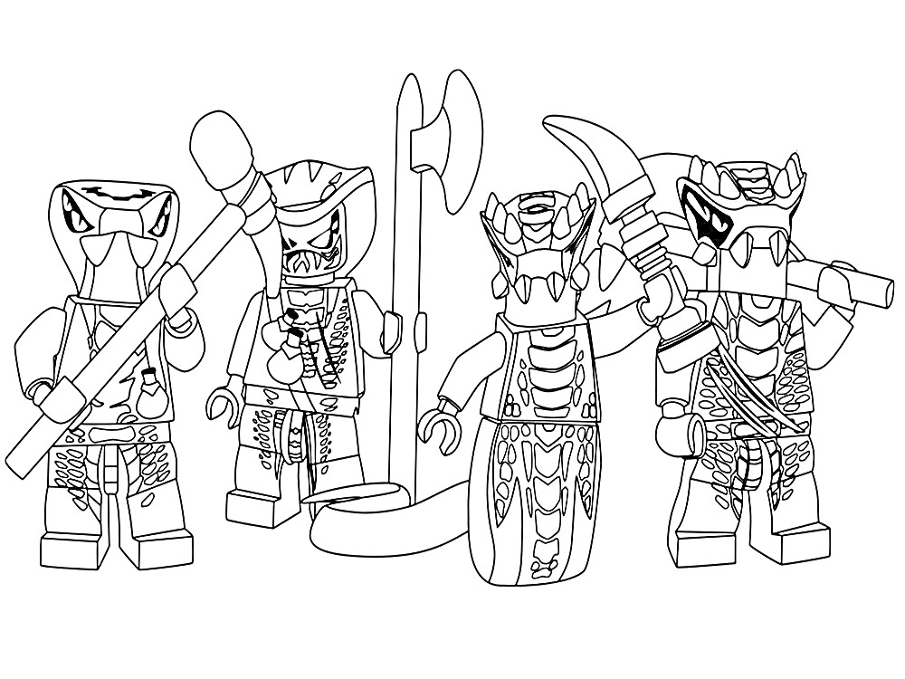 Раскраска Четыре персонажа из Лего Ниндзя Го с оружием (двойной топор, алебарда, копье)