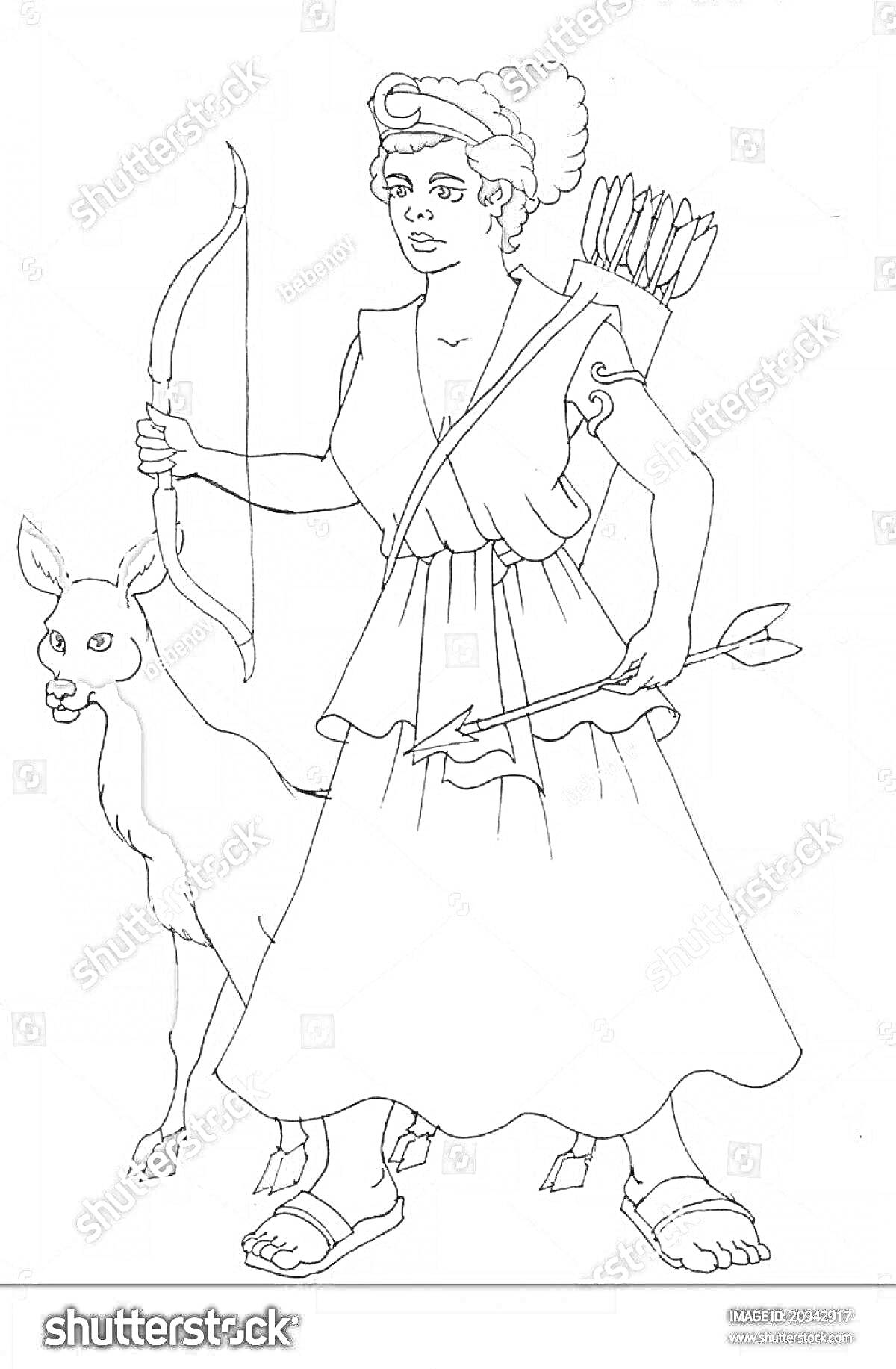На раскраске изображено: Богиня, Артемида, Лук, Олень, Античная Греция, Охота, Древнегреческие боги, Женщина-воин, Мифические существа