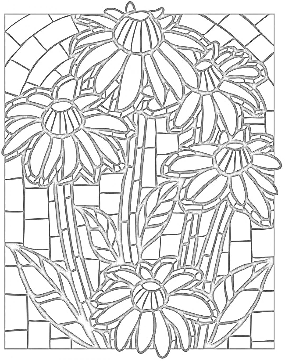 Раскраска Мозаика с цветущими маргаритками на фоне геометрического узора