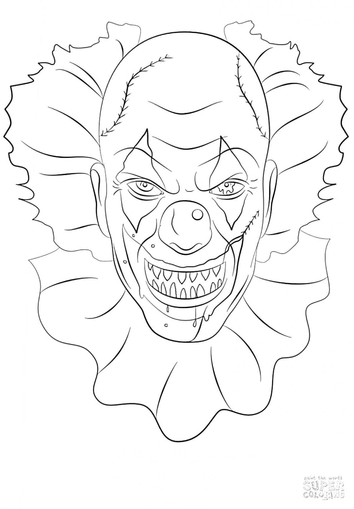 Раскраска Злой клоун с зубастой улыбкой и страшным выражением лица, в клоунском воротнике