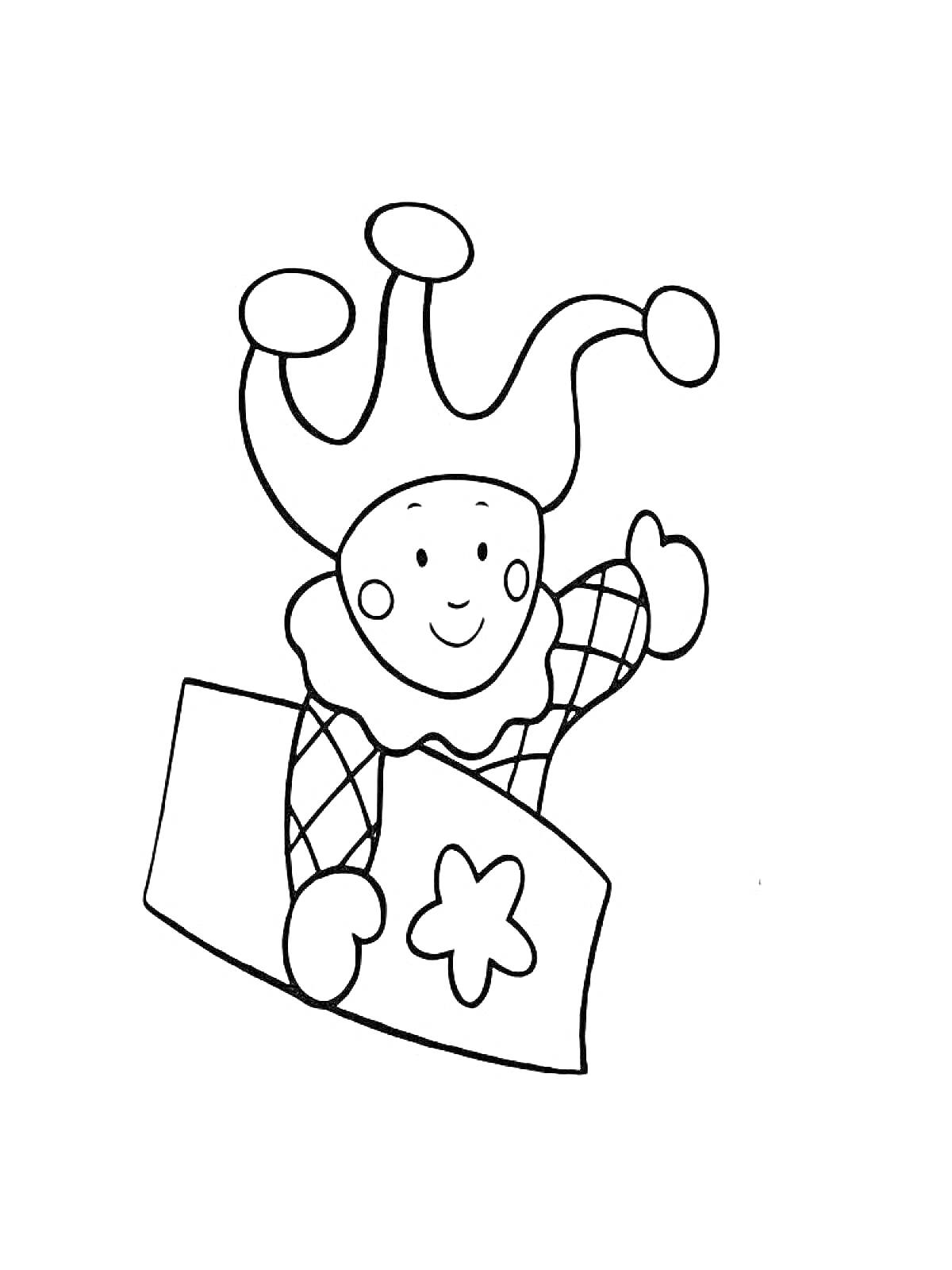 Раскраска Петрушка в шапке с колокольчиками, выглядывающий из коробки с цветком