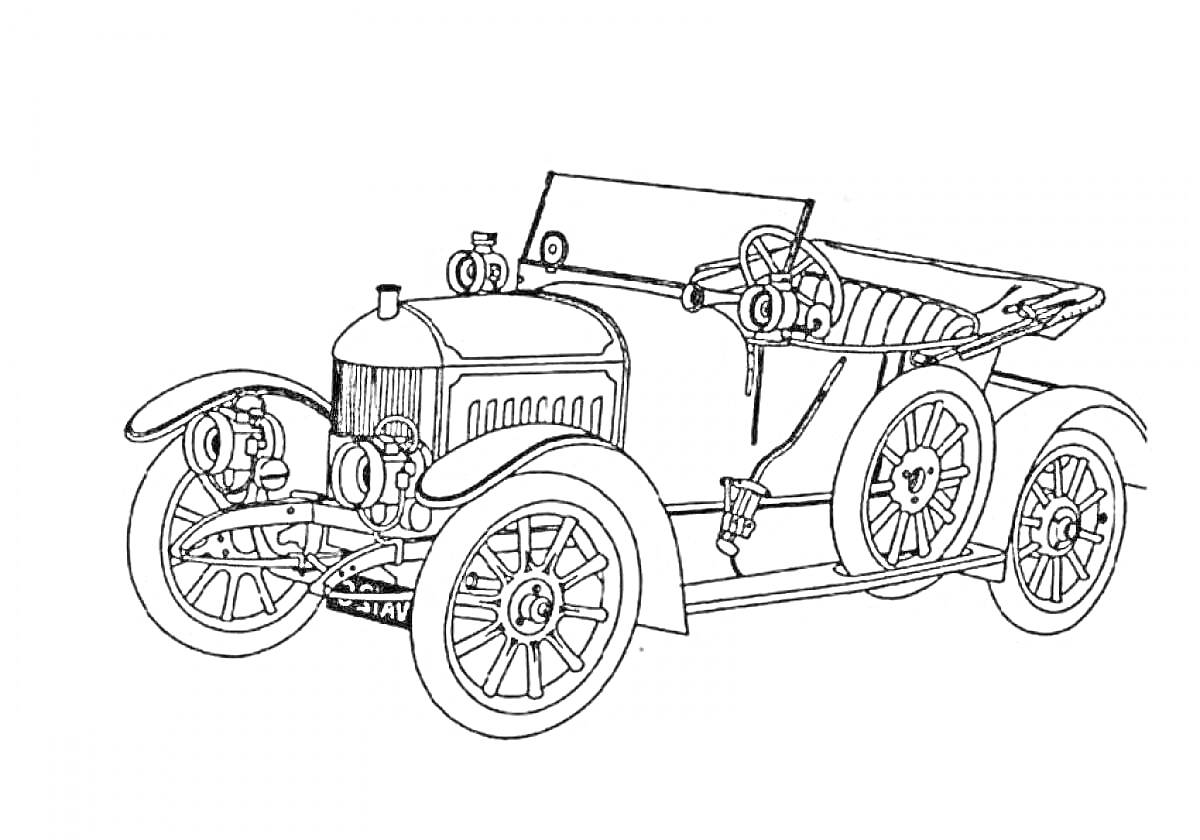 Раскраска Ретро-автомобиль с фарой, капотом, колёсами и рулем