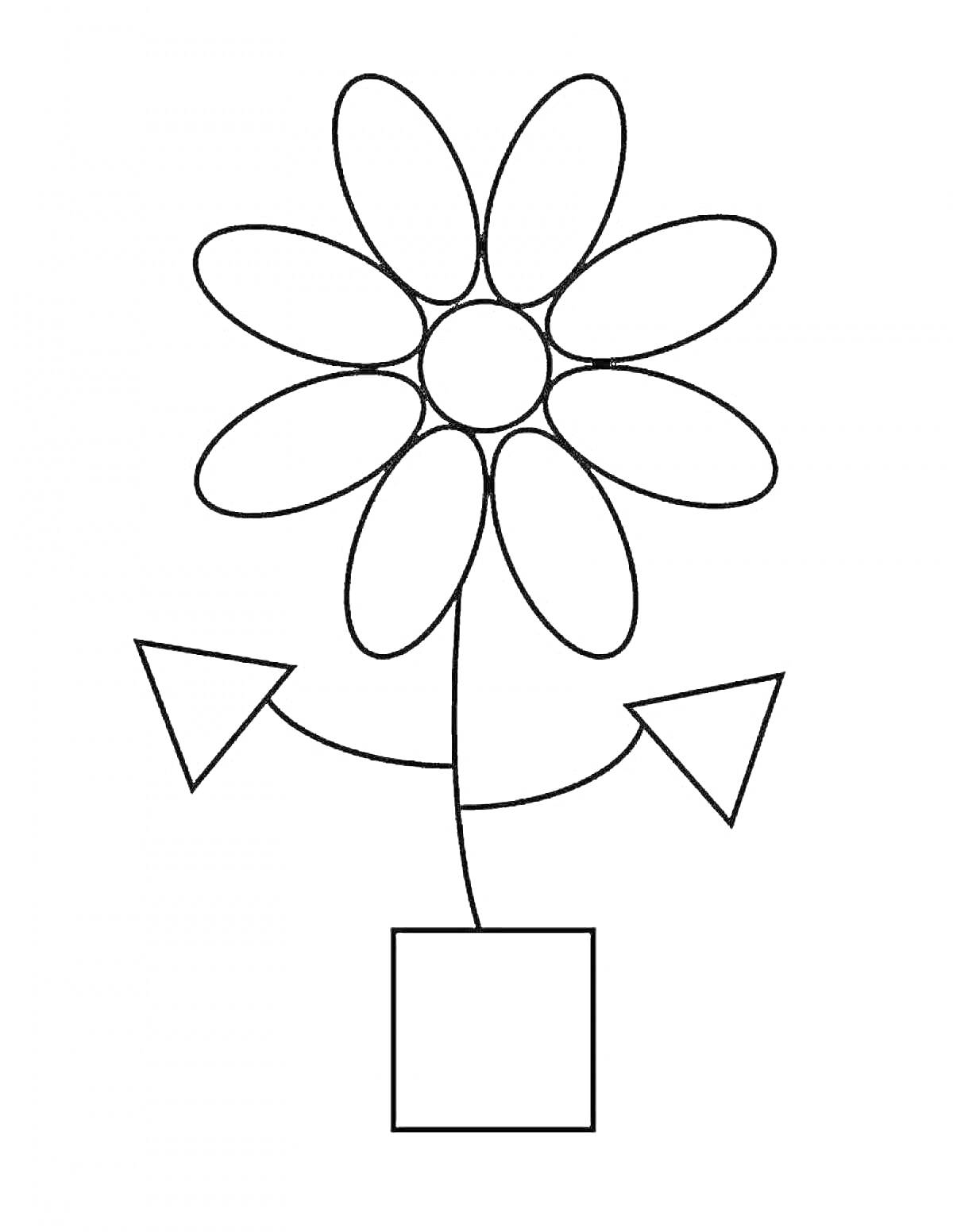 Раскраска Цветок из геометрических фигур, состоящий из круга, овалов, треугольников и квадрата