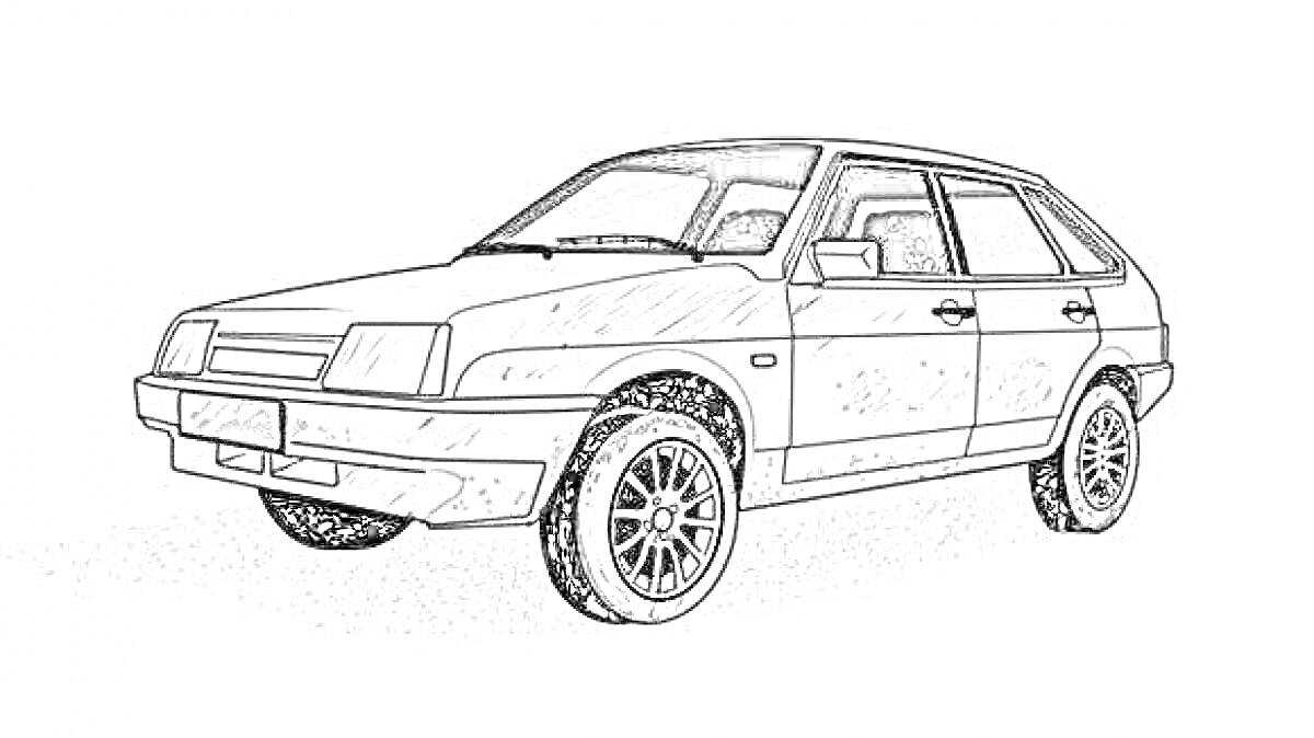 Раскраска ВАЗ 2109 с пятью дверями, боковыми зеркалами, передними и задними фарами, и колёсами с дисками со спицами