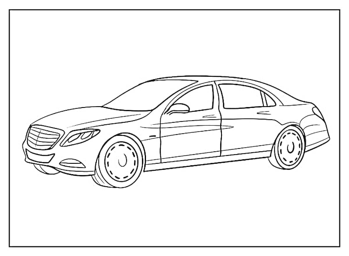 Раскраска Раскраска автомобиля Mercedes E200 с деталями кузова, капота, фар, колес и дверей