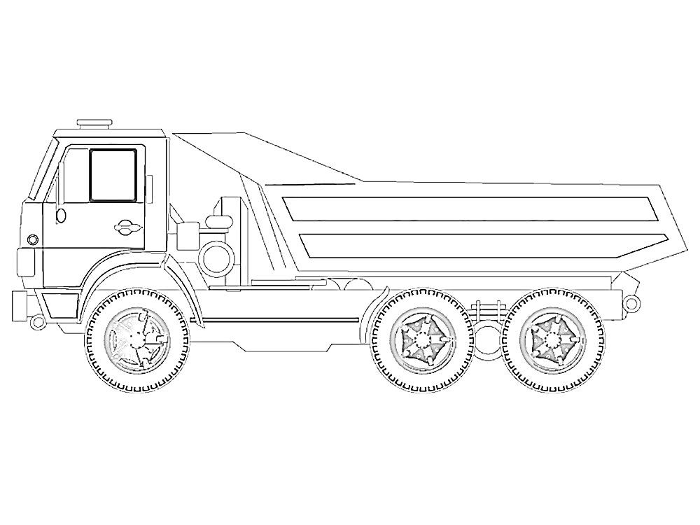 Раскраска Грузовой автомобиль КамАЗ с кузовом самосвала, вид сбоку с кабиной, колесами и боковыми элементами кузова