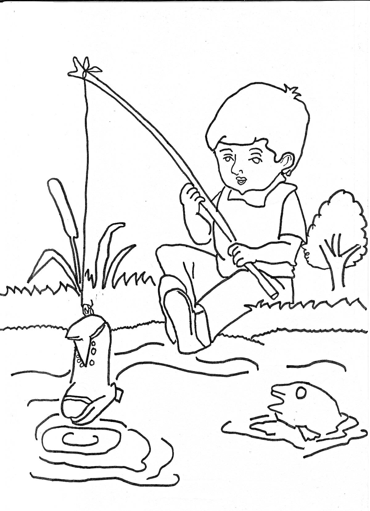 На раскраске изображено: Мальчик, Удочка, Рыба, Река, Кусты, Рыбалка, Вода, Природа, Корзина, Ботинки