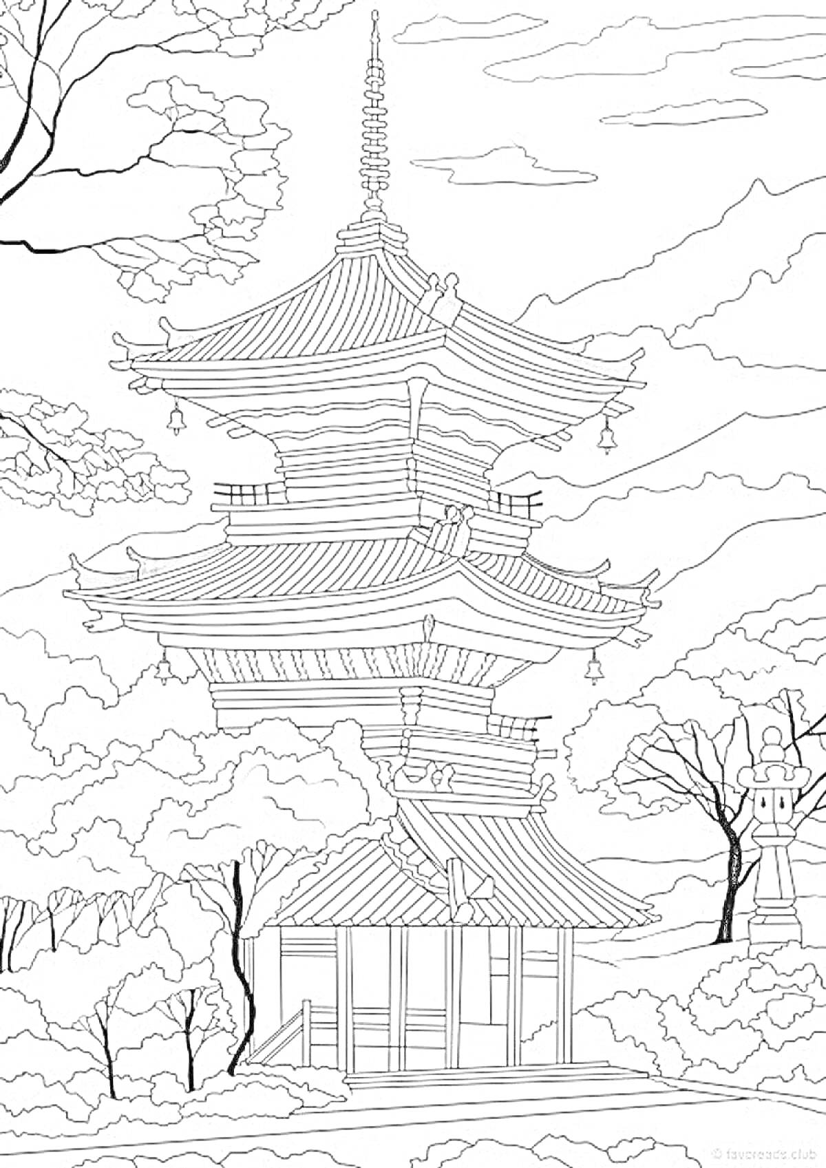 Раскраска Пагода в японском саду с деревьями и горами на заднем плане