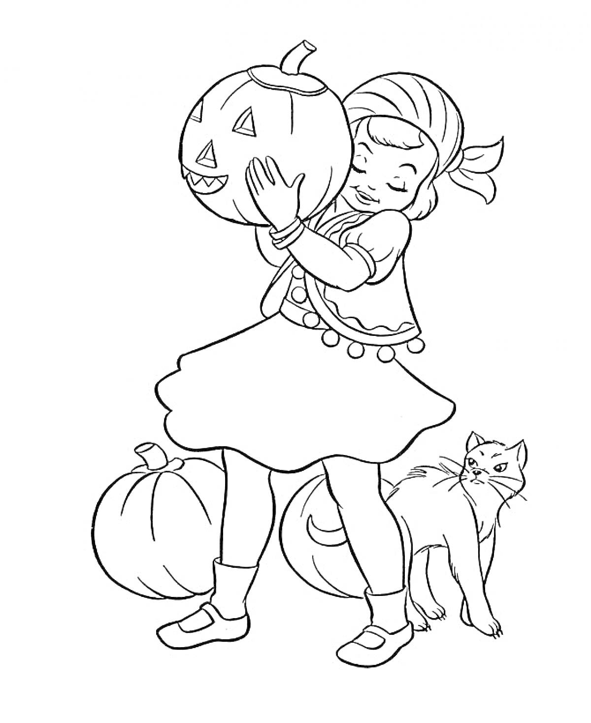 Раскраска Девочка с тыквой в костюме на Хэллоуин, кошка, две тыквы